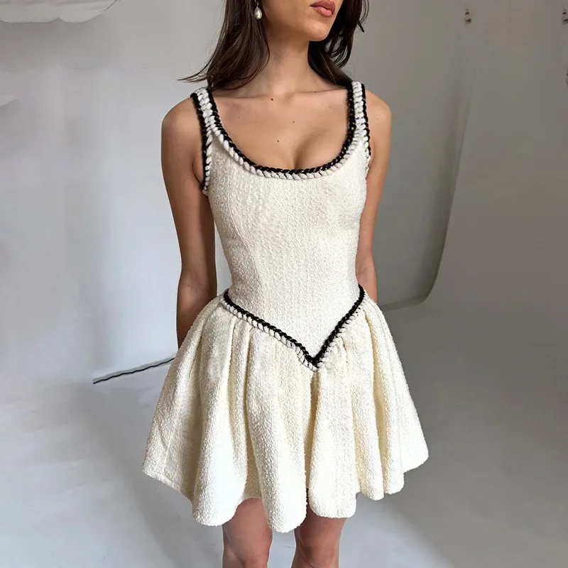 TARUXY Chic Slim Suspender Dress Women's Elegant Contrast Color Splice Sleeveless A-Line Mini Dresses Female Party Club Clothes