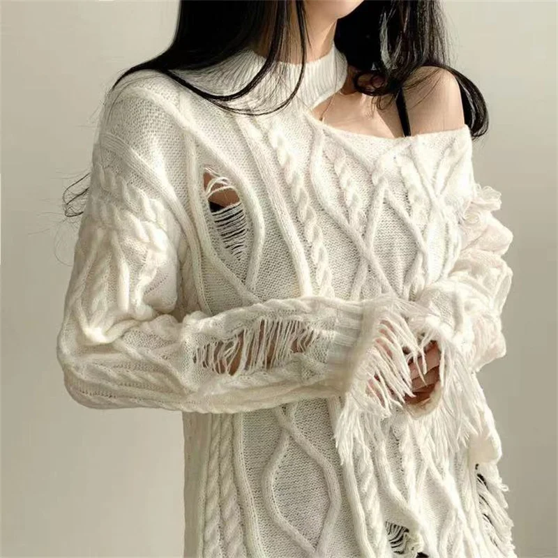 Women\'s Sweater Sexy Off Shoulder Top Women Autumn Winter Hollow Out Tassel Loose Female Pullovers Chic Tops Y2k Clothes