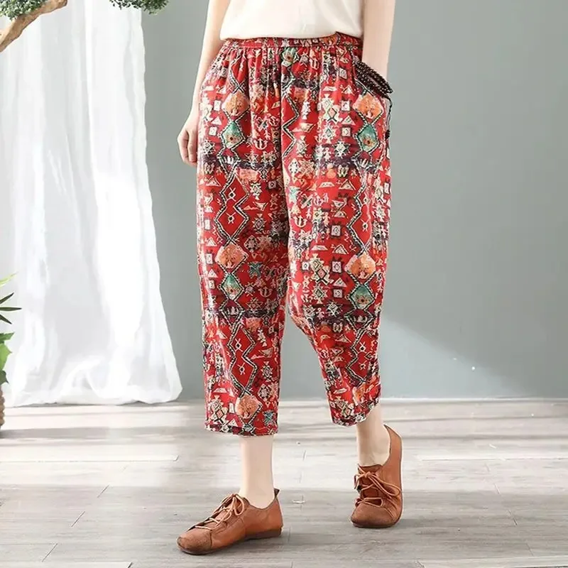 

2024 New Print Loose Harem Pants Summer Elastic Waist All-match Plus Size Casual Cropped Trousers Vintage Fashion Women Clothing