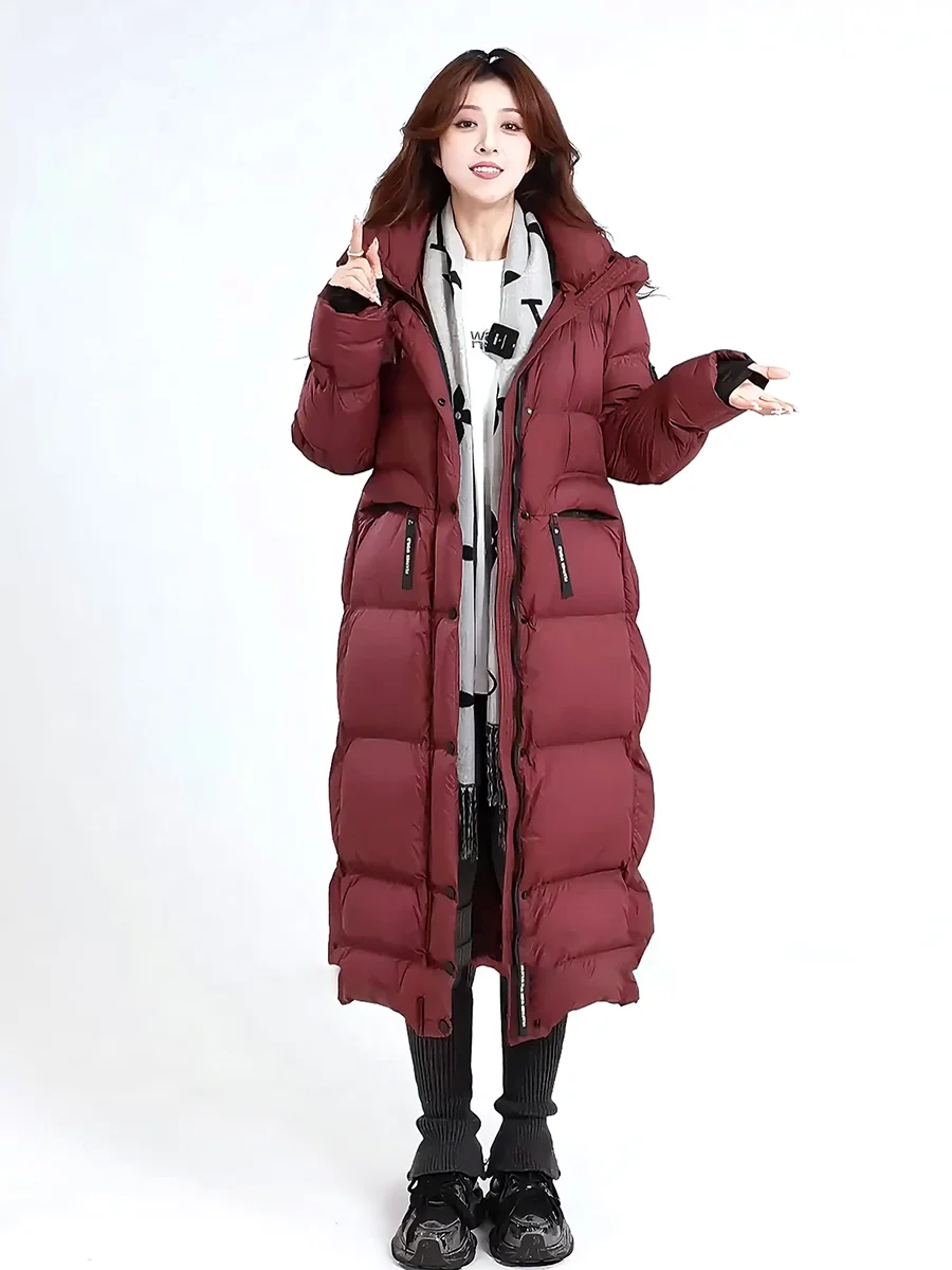 Faionable Red Mid-Length Daunen-Jahet-Damen-Wintermantel mit Kapuze, Luxury Feel Extreme Cold Series Thi White Du Feather