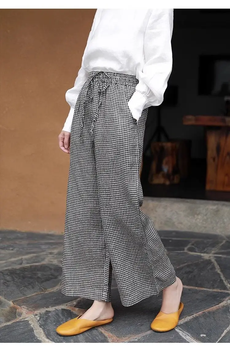 Spring Summer Elastic Waist Wide Leg Trousers Women High Street Cotton Hemp Drawstring Pockets Patchwork Plaid Printing Pants