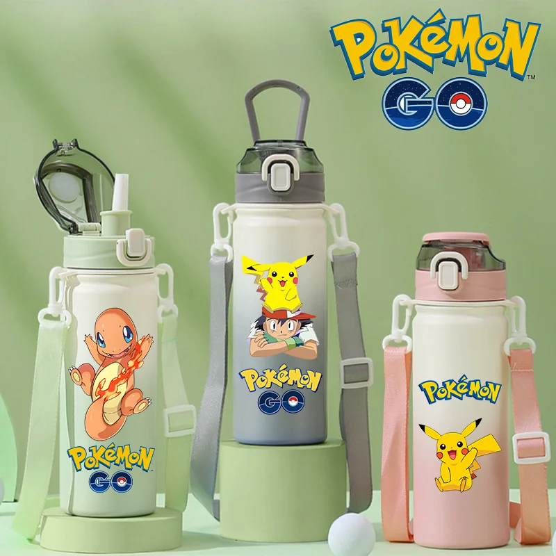 600ML Stainless Steel Pokemon Childrens Drinking water Bottle Pikachu Portable Insulated Straw water Cup Aldult Large Capacity