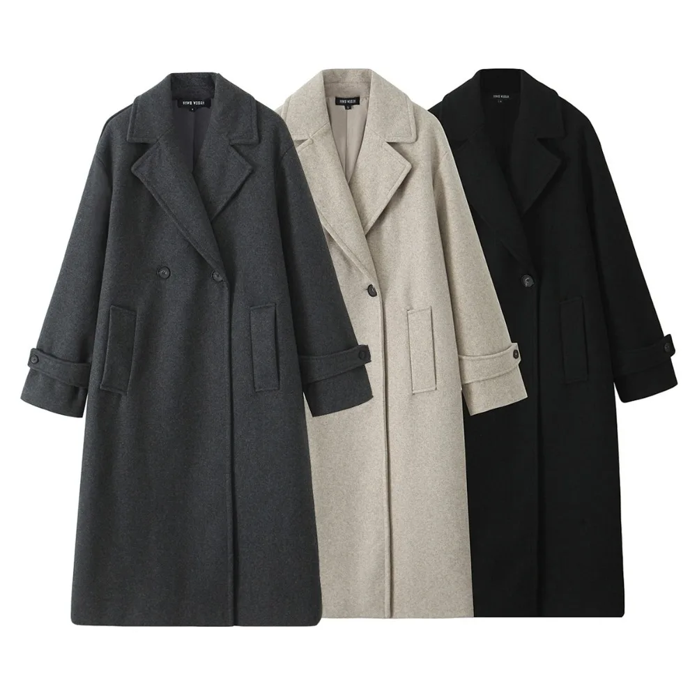 TRAF ZR Normcore Wool & Blends Coats Notched Lapel Collar Elegant Loose Coat Long Sleeves with Buttoned Tabs Slouchy Outerwears