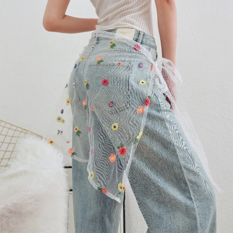 Embroidery Colorful Flower Sheer Half Skirt Hip Scarf Women Aesthetic See Through Apron Skirt Lace Up Bows Overskirt