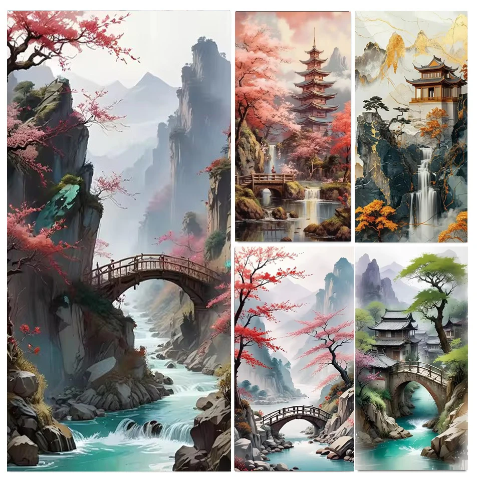 Diy Diamond Painting Fantasy Pink Flowers Tree Temple Bridge Full Diamond Mosaic 5D Diamond Embroidery Nordic Pictures Large