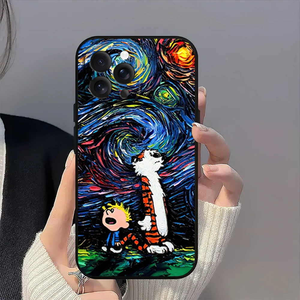 Cartoon C-Calvin and H-Hobbes Cute Starry Night Phone Case for iPhone 12 11 14 15 13 16 Max Plus Pro Black Soft Silicone Cover