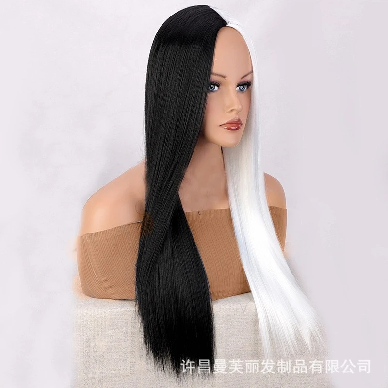 European American style female wig with black and white split-part long straight synthetic hair for cosplay