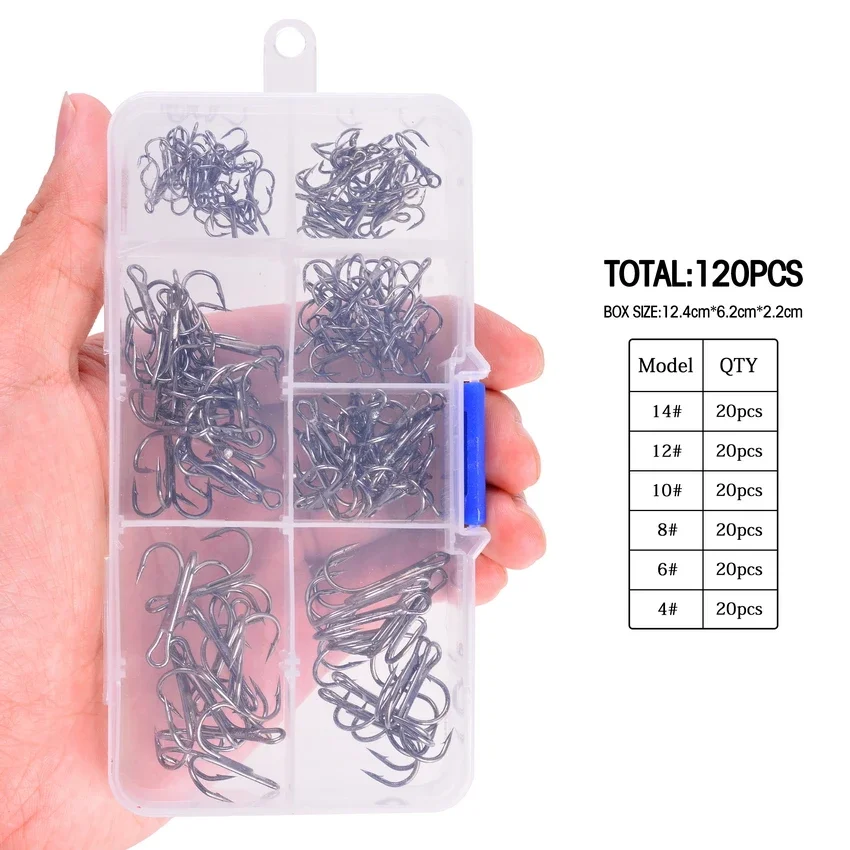 120/50Pcs /box Black Fishing Hook High Carbon Steel Treble Overturned Hooks Fishing Tackle Round Bend Treble for Bass