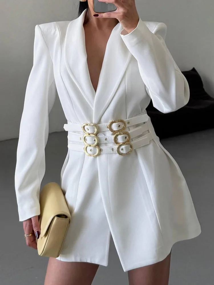 ZMEENNA-Chaqueta blanca para mujer con cinturón con hebilla dorada, Chaqueta corta elegante, prendas de vestir exteriores para oficina, abrigo de fiesta elegante ZM4068