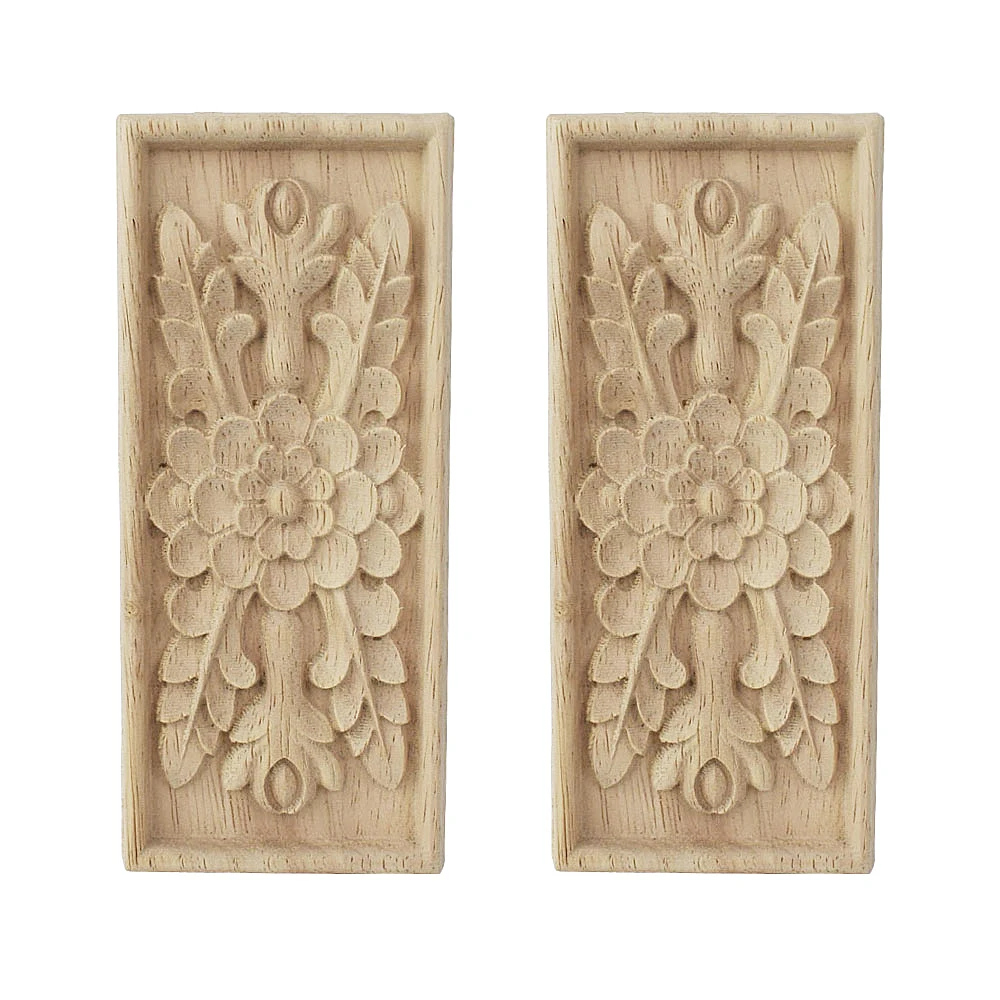 2PCS Woodcarving Floral Decoration Style Rectangle Wood Applique Patch Carved Flower Bed Furniture Cabinet Figurine Home Decor