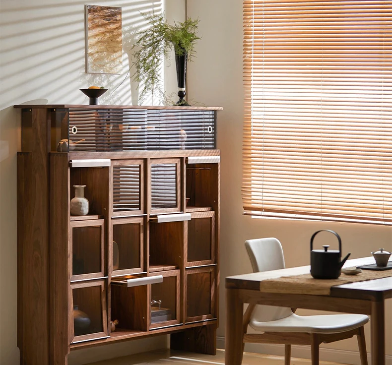 Q New arrive New Chinese solid wood tea cabinet simple display retro black walnut storage cabinet