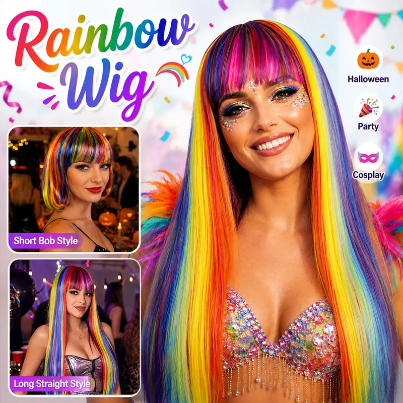 Heat Resistant Multi Color Long Straight Wig with Bangs for Women Rainbow Hair Party Cosplay Halloween Festival