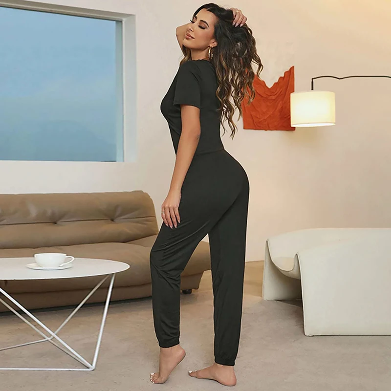 Conjunto de pijama con estampado de letras para mujer, Top de manga corta con cuello redondo y pantalones con decoración de lazo, ropa de descanso suave ajustada y ajustada, atuendo informal