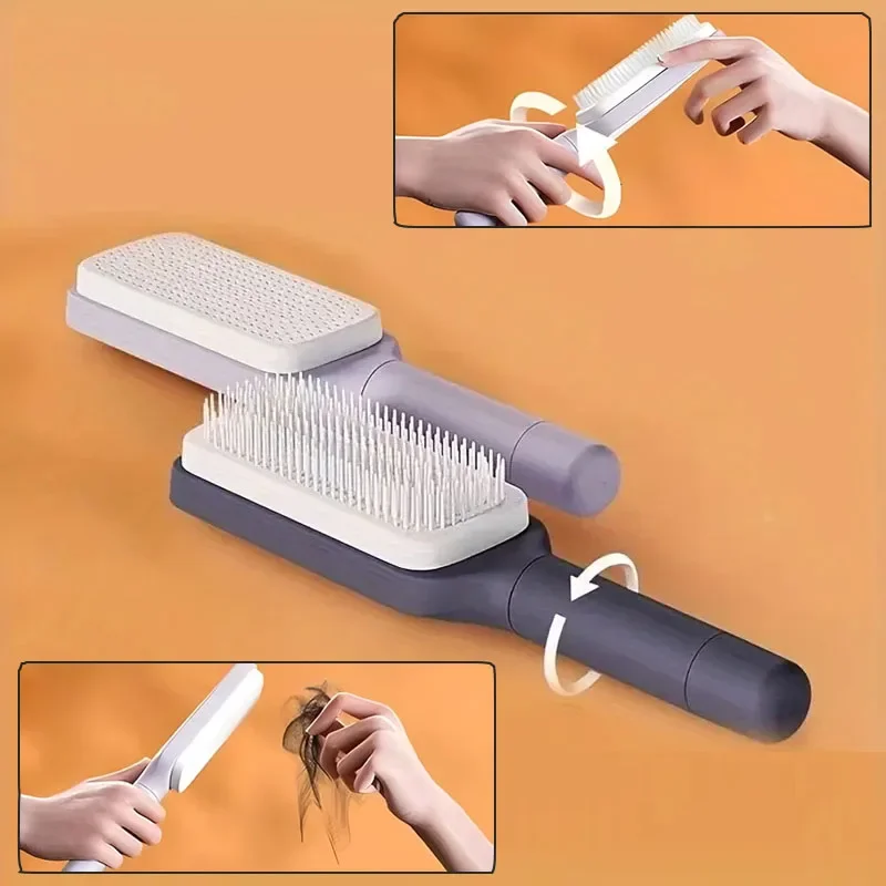 2pcs Rotatable Self Cleaning Hair Brush Anti-Static Hair Brush One-key Cleaning Hair Loss Airbag Scalp Massage Comb Styling Tool