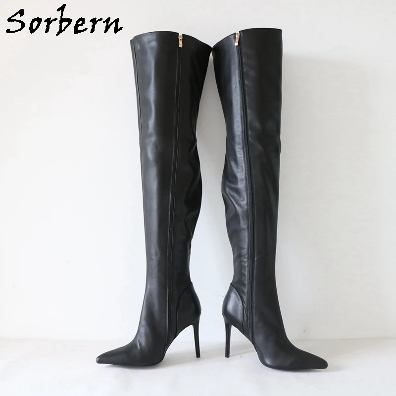 Sorbern أسود ماتي أحذية النساء فوق الركبة الفخذ عالية أحذية نسائية أشار تو الخناجر عالية الكعب لون مخصص