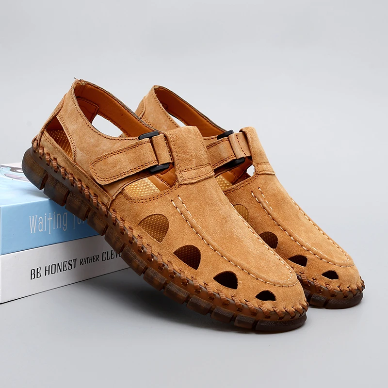 

Хиты продаж: мужские дышащие сандалии с кожаными вставками и сетчатыми носками, летняя модная повседневная пляжная обувь для активного отдыха.