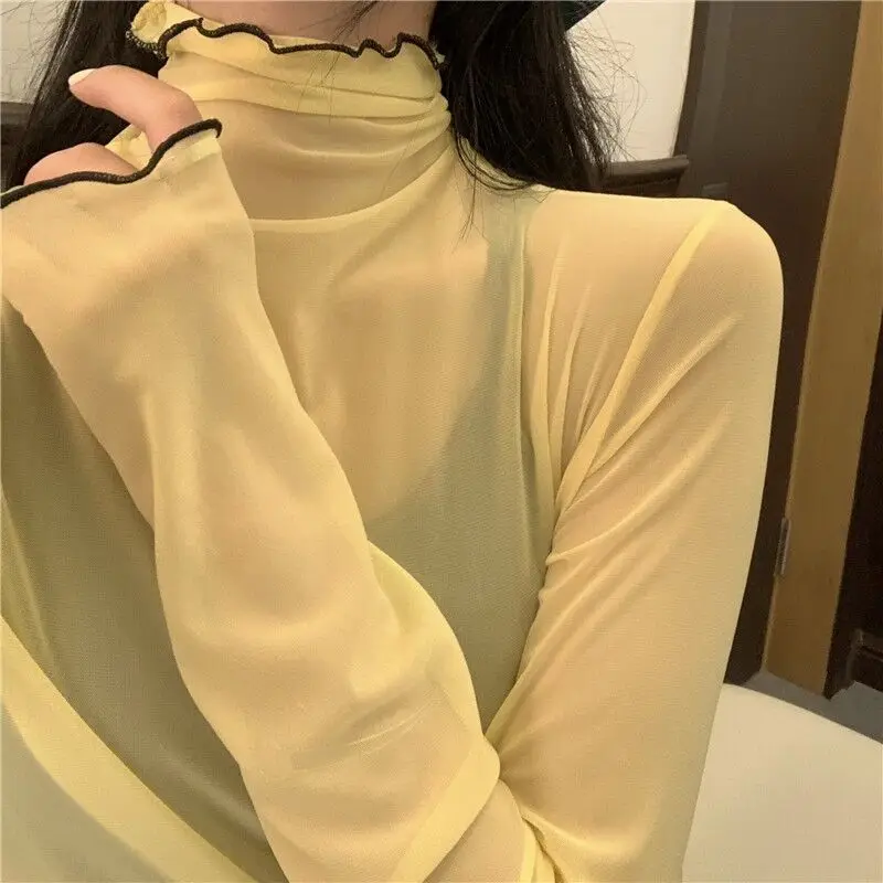 OUMEA Women Sheer Mesh Tops Summer Candy Color Beach Style Chic Long Sleeve Mesh Cover Up Contrast Color Lettuce Edge Cute Tops