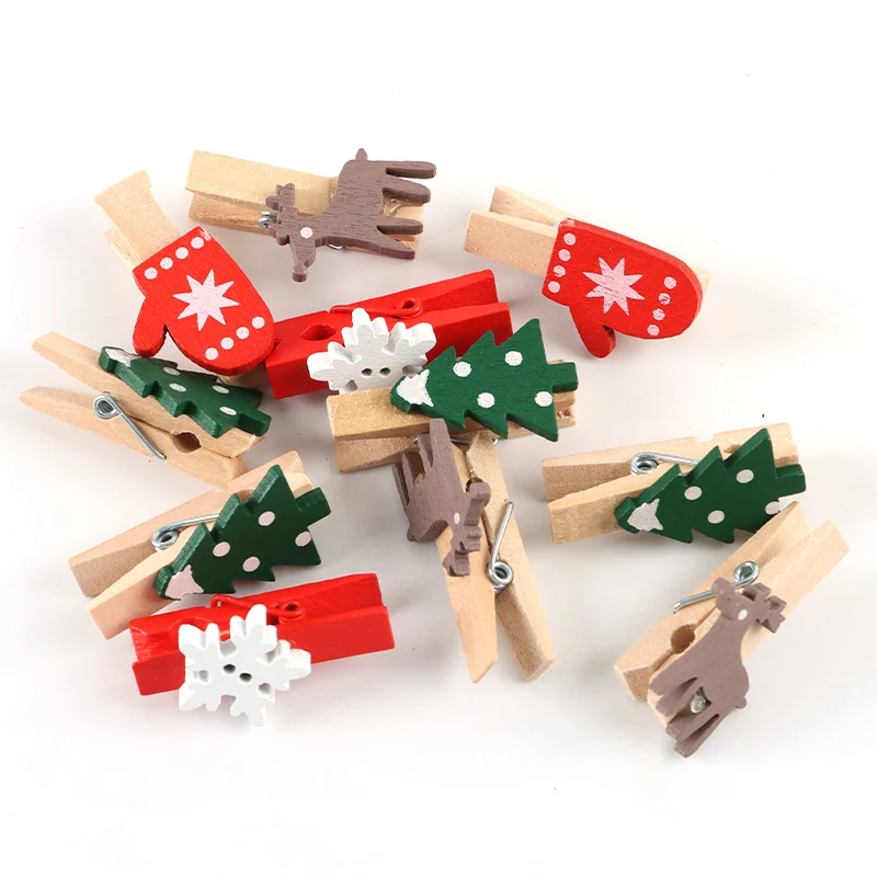 (20pcs/pack) 18*36mm Christmas Wooden Cartoon Clip Decoration Xmas Tree Home Photos Gift Wrapper Christmas Handmade DIY