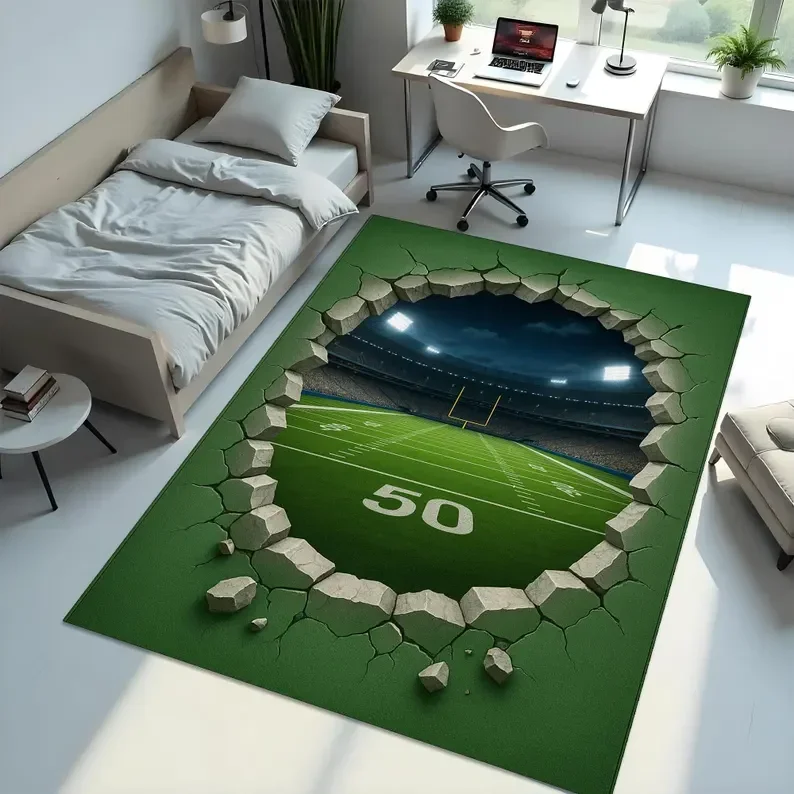 Soccer Field Rug with Team Logo Personalized Football Pitch Carpet Boys Room Man Cave Sports Fan Gift Retro Home Decoration