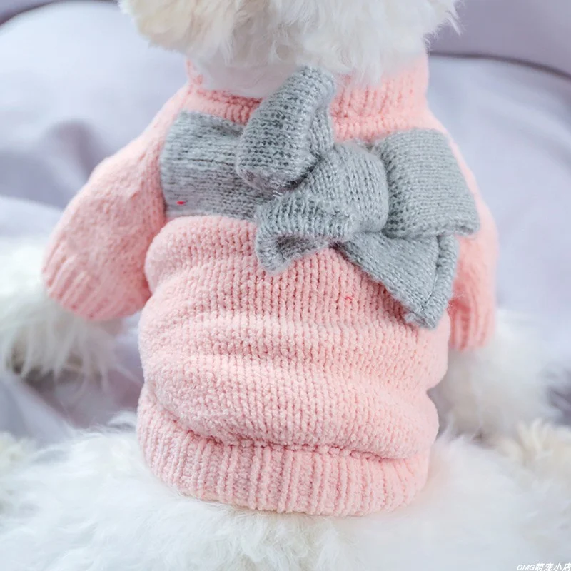 1PC Pet Clothing Cat Autumn/Winter Thick Bow Sweater Powder Suitable for Small and Medium Dogs