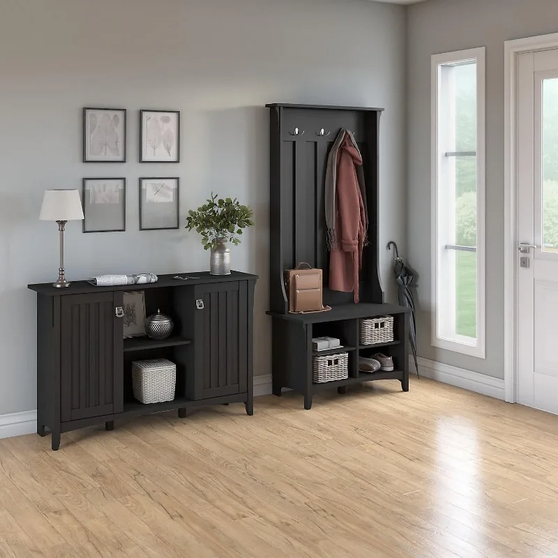 Salinas Entryway Storage Set with Hall Tree, Shoe Bench and Accent Cabinet in Vintage Black