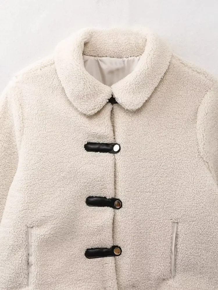 Dave&Di French Fashion Ladies Elegant Beige Fleece  Contrast Single Coat Breasted Round Neck Casual Jacket Women Tops