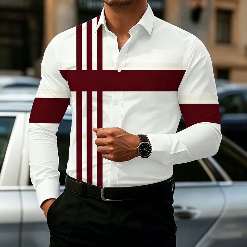 Men's Casual Patchwork Shirt with Contrasting Striped Street Style Top image 4