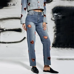 VGH Casual Love Cutout Design Jeans for Women High Waist Patchwork Zipper Slim Bleach Wash Style Streetwear Long Trousers Female