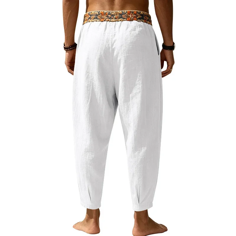 Herren 95% Leinen Haremshose Boho Blumenmuster Kordelzug Taille Lässige Weite Hose Strand Urlaub Knöchellange Hose – Detail 8