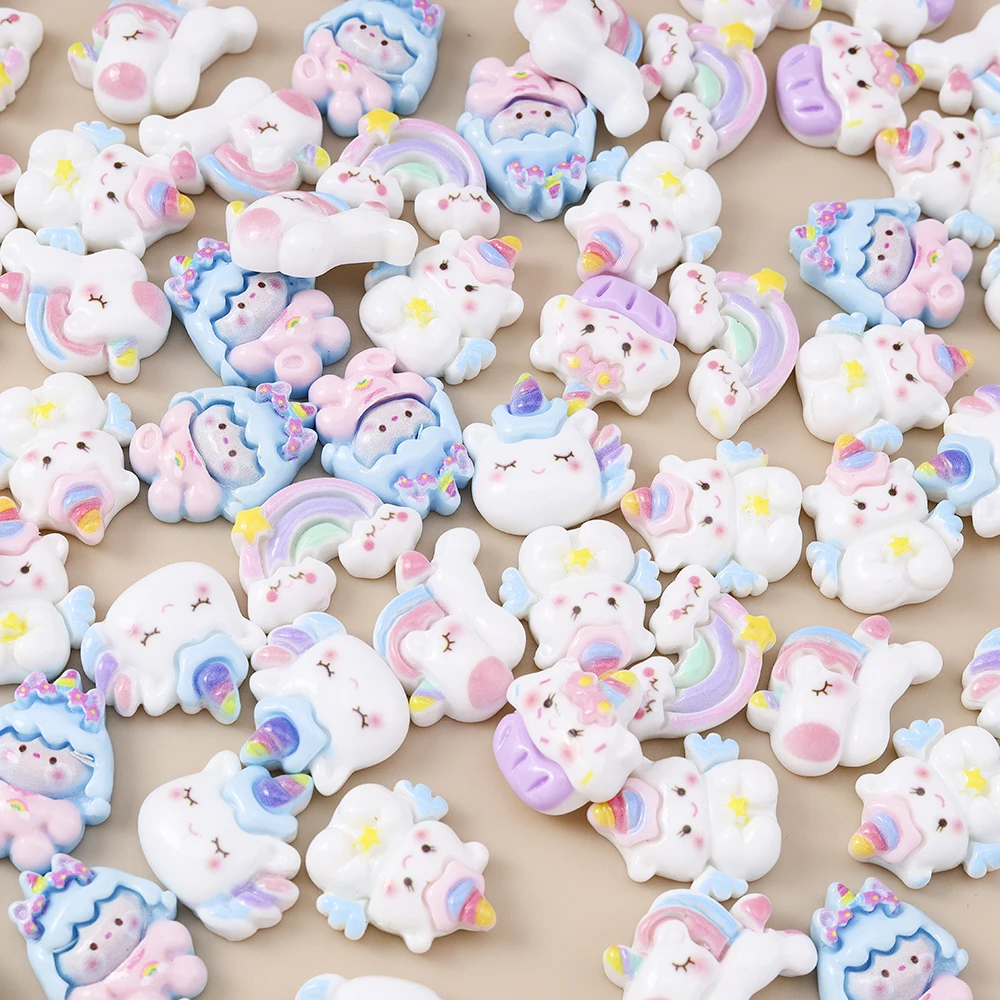 Leslie 15 Stücke Neue Nette Regenbogen Einhorn Harz Flache Rückseite Cabochon Für DIY Telefon Fall Kühlschrank Magnet BJD Puppe Kinder Spielzeug – Detail 1