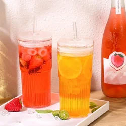 600ML Glass Cup Milk Coffee Cup with Lid And Straw Transparent Stripe Water  Mug Drinking Glasses Juice Tea Cup Drinkware