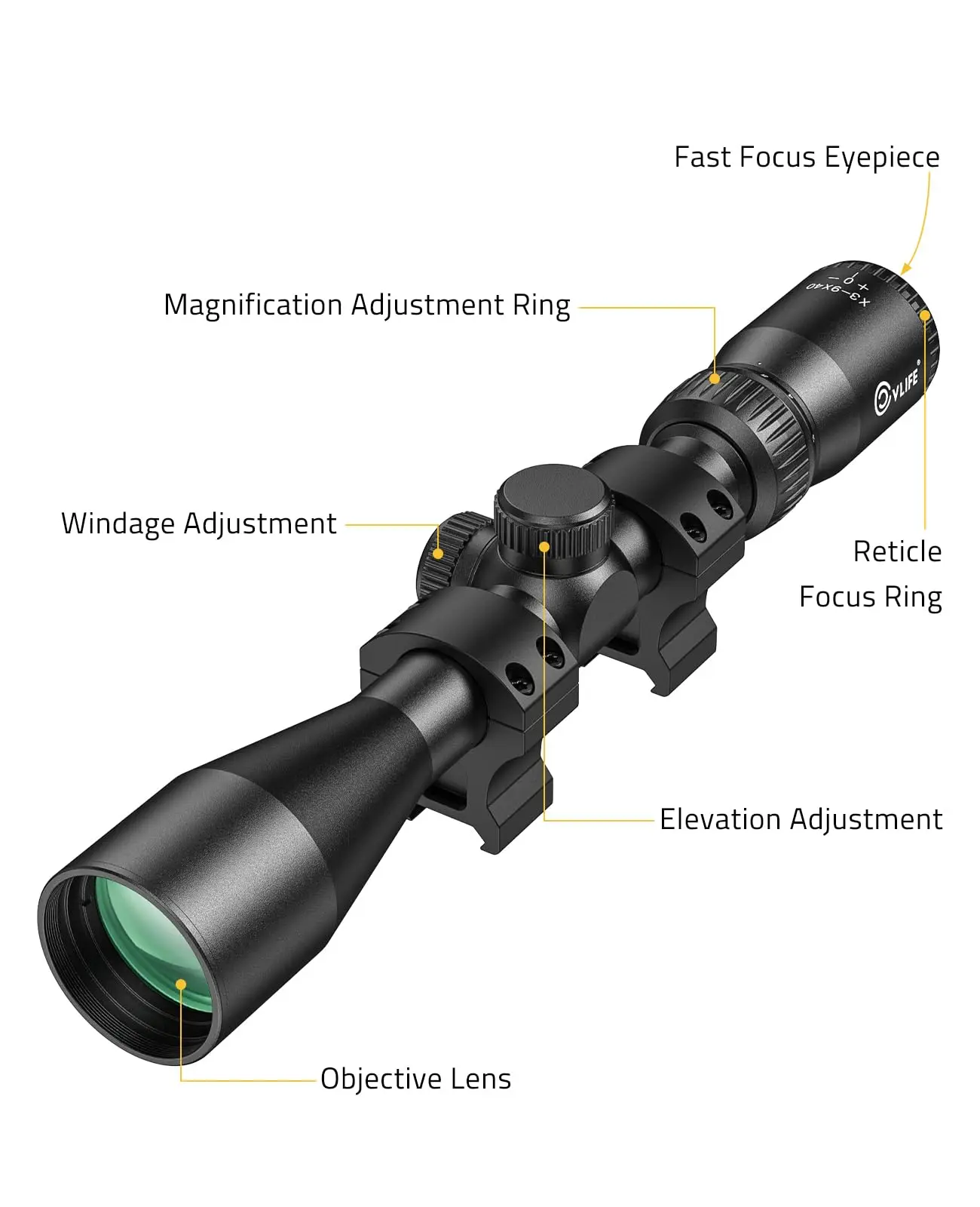 

3-9X40 Hunting Scope 1" Tube Mil-Dot Reticle Optical Sight with 20mm Scope Rings for Picatinny Rail Mount