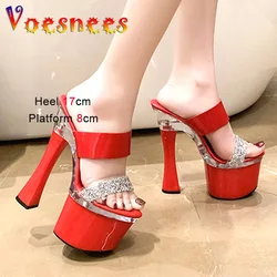 Fashion Models Slippers Red PU Leather Rhinestone Women's Shoes Summer Thick Platform Super High Heels 17CM Square Heel Sandals