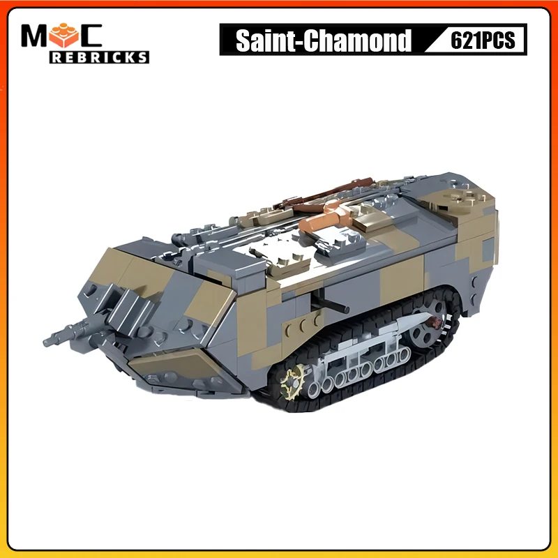 WW I Military Heavy Tank Saint-Chamond Turret Armored Vehicles MOC Building Blocks Assembly Weapons Model Kid Bricks Toys Gifts