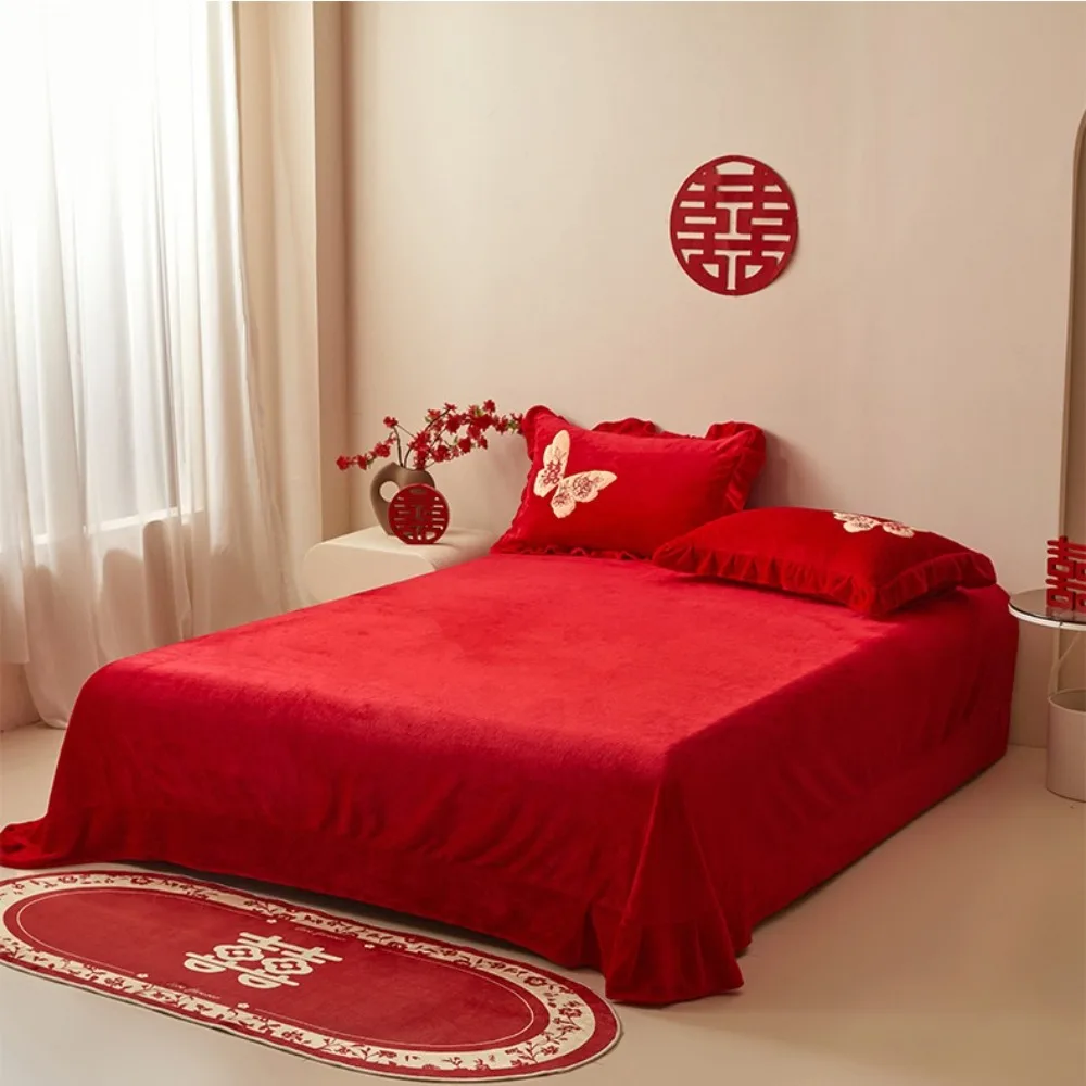 Winter Red Embroidered Milk Fleece Quilt Cover Thickened Four-piece Wedding Bed Sheet Pillowcases Bedding Set