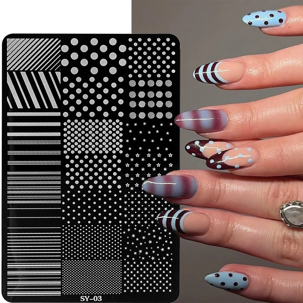 1 Stück Streifen-, Punkte- und Stern-Nagelstempelplatte 14,5*9,5cm Streifenlinien Punkte Französische Nagelschablone Edelstahlschablone # – Detail 3
