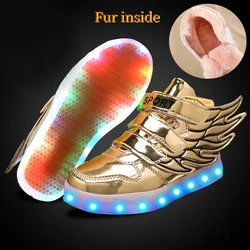 Unclecaution-Baskets LED avec fourrure à l'intérieur pour enfants, chaussures brillantes avec ailes, chaussures d'hiver pour garçons et filles, cadeau de Noël pour enfants