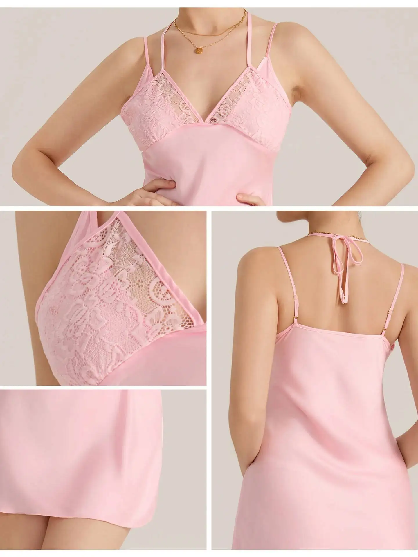 Nuovo sexy pizzo halter neck cravatta cinturino in seta di ghiaccio abito corto in raso chiffon camicia da notte pigiama da donna mini abito nero fascino C47H