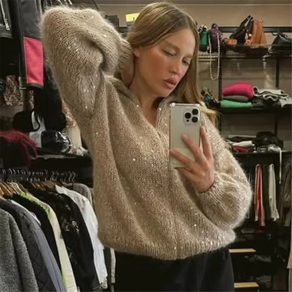 New Sparkly Sequin Sequin Knitted Cardigan Stand Collar Long Sleeve Glitter Lapel Coat Y2K Sweater Autumn Winter