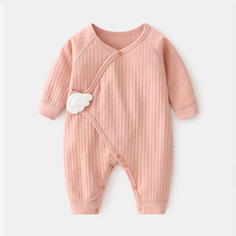 Macacão para bebês recém-nascidos, primavera e outono, algodão puro, sem costura, decoração fofa com asas, roupa macia para dormir e brincar, para bebês, meninos e meninas