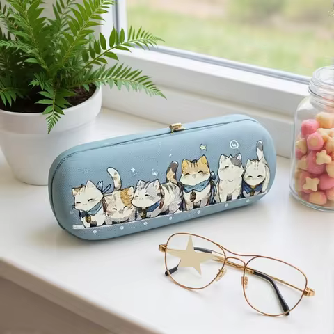Cartoon Cat Glasses Box Portable Sunglasses Storage Case Cute Round PU Leather Eyeglasses Eyewear Holder Accessories