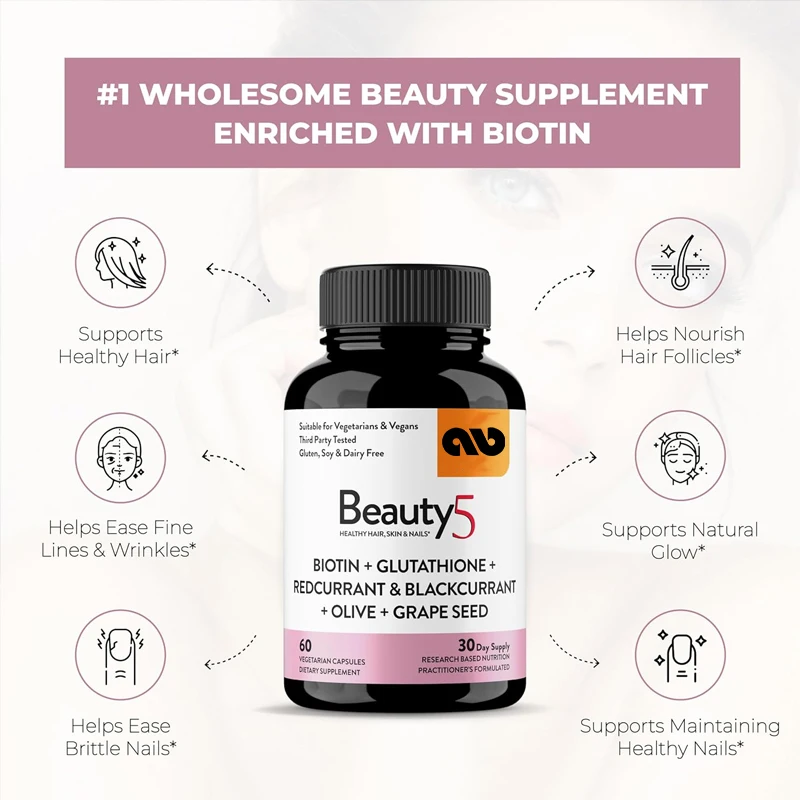 Beauty5 capsules | 60 vegetarian capsules | Hair, skin, and nail supplements - supports collagen synthesis