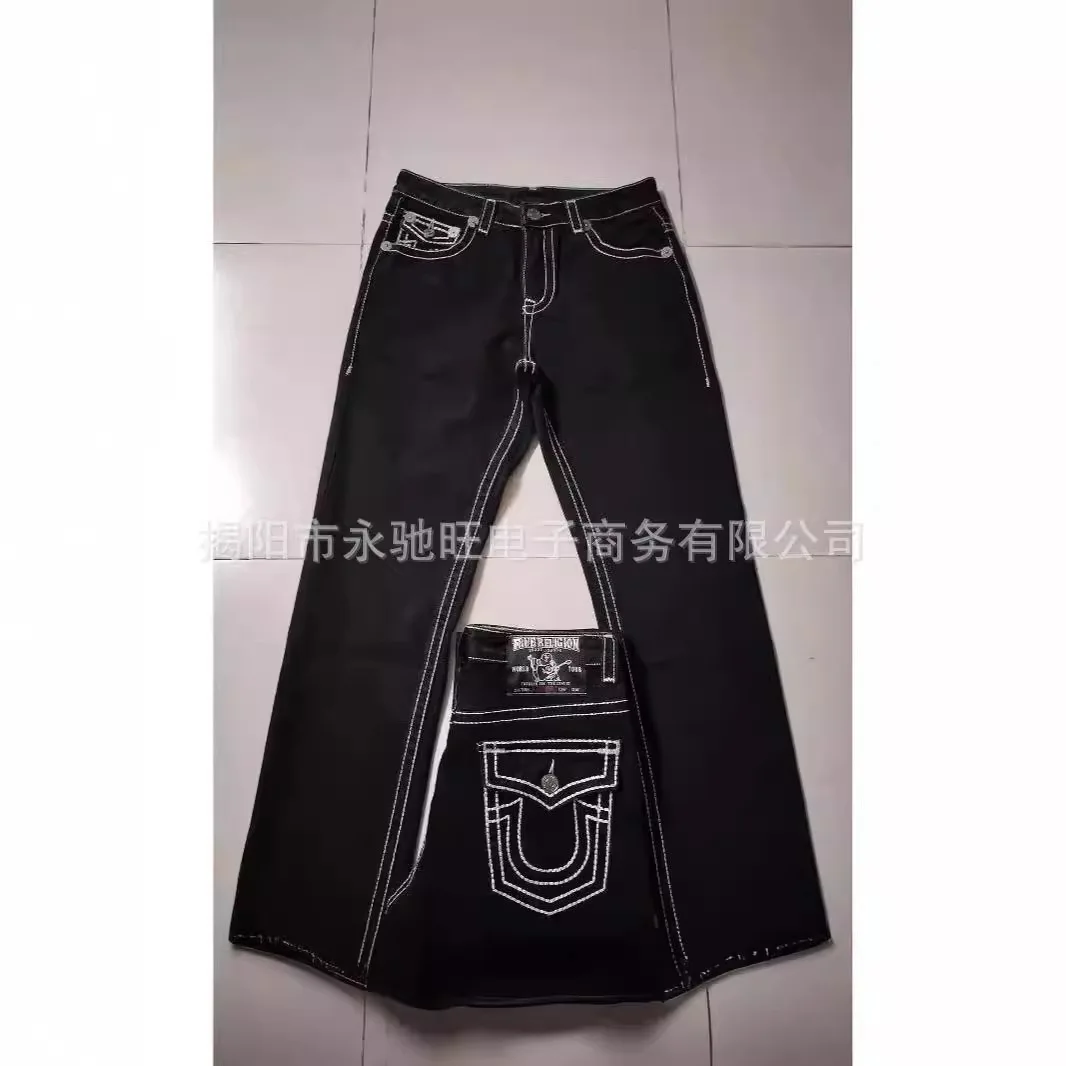 Trendy American Style Cross-Border E-Commerce Jeans White Thick Line Big Buddha Black Straight-Leg Jeans For Men Casual Hip Hop