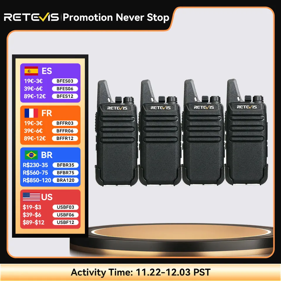 Retevis RT622 Mini Walkie Talkie 4 Pcs Walkie-talkies PMR446 FRS VOX Portable Two Way Radio Station for Restaurant Hotel