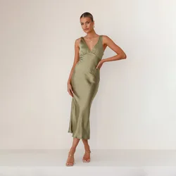 Low V Back Special Occasions Maxi Dress Satin Olive Green Bridesmaid Dresses For Wedding Party 2025 Trend Designs