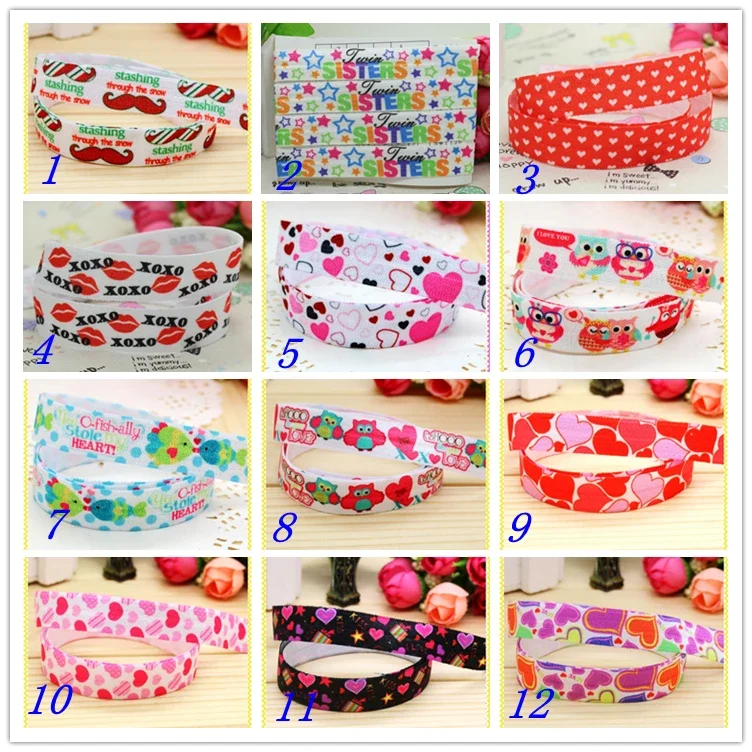 5/8''  Fold Elastic FOE love sister mustache printed headband headwear hairband diy decoration wholesale OEM S110