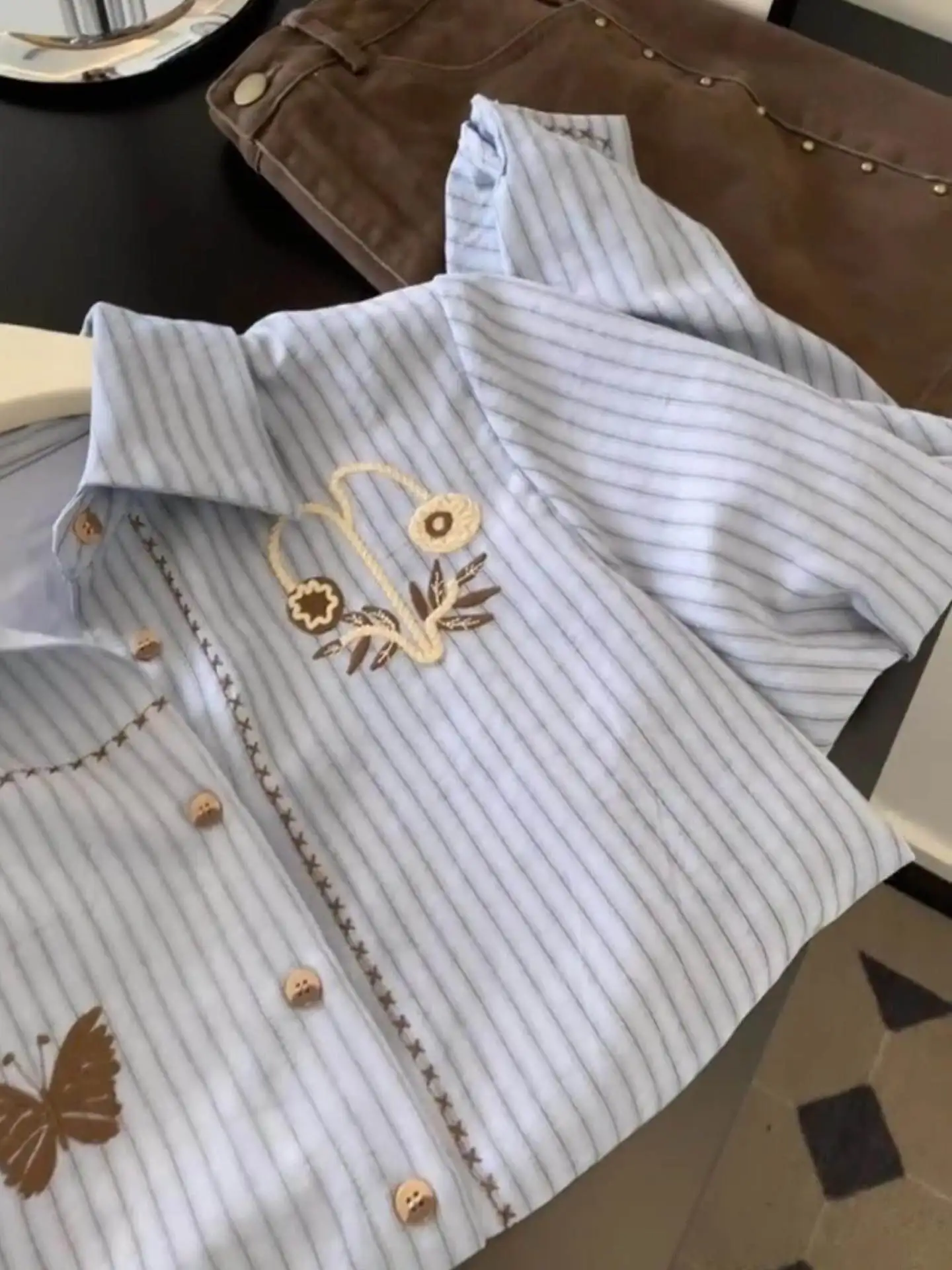 Blue Stripe Embroidered Long Sleeve Shirt 2026 Spring Autumn New Style Stacked Top Women Versatile Commuter Slim Shirts