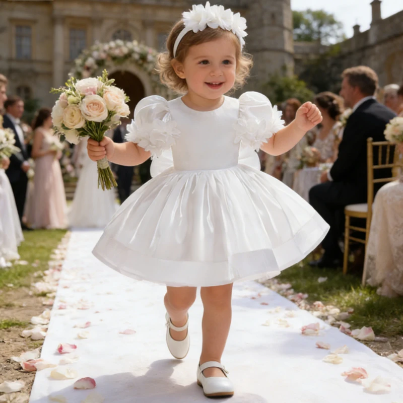 White Dress For Girls Tulle Dress Evening Kids Weddings Gown Toddler 1st Birthday Baby Girl Princess Ceremonial Baptism Dress