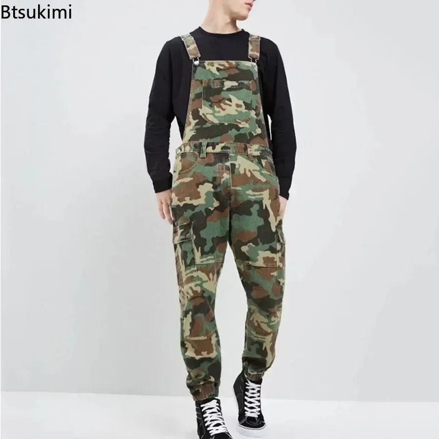 2024 Men\'s Camo Cargo Pants Work Overalls Bib and Brace Camouflage Combat Jeans Jumpsuit Pants Motorcycle Streetwear Jeans Men