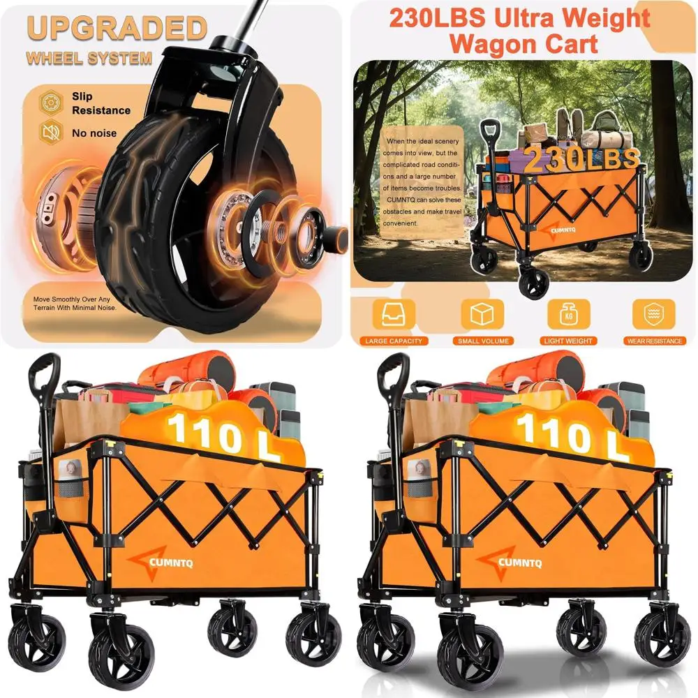 

Durable Foldable Utility Wagon with 230lbs Capacity for Outdoors, Beach, Grocery, Camping, Shopping - Orange